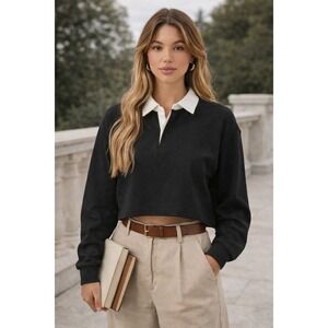 Forever 21 Black Cropped Rugby Polo Shirt Womens Large Preppy 80s 90s Academia